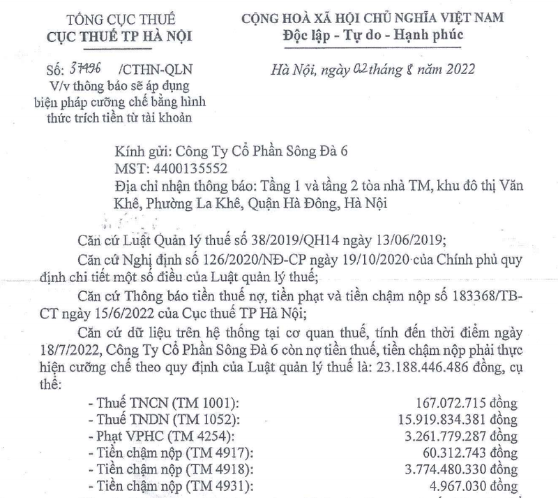 SD6 - thành viên họ Sông Đà bị cưỡng chế thuế hơn 23 tỷ đồng