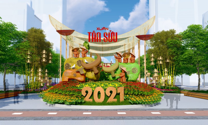 Đường hoa Nguyễn Huệ Tết Tân Sửu tái hiện trâu và cuộc sống ruộng đồng