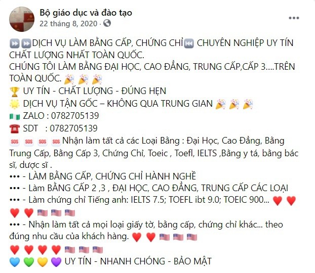 Hàng loạt Facebook giả mạo Bộ GD&ĐT rao bán bằng giả