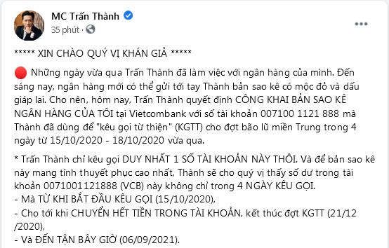 MC Trấn Thành công khai sao kê tài khoản giữa ồn ào từ thiện