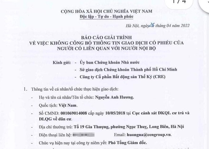 Phó tổng giám đốc công ty CP bất động sản Thế Kỷ “bán chui” 19.900 cổ phiếu CRE