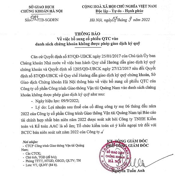 Cổ phiếu Công ty CP Công trình GTVT Quảng Nam vào diện không được ký quỹ