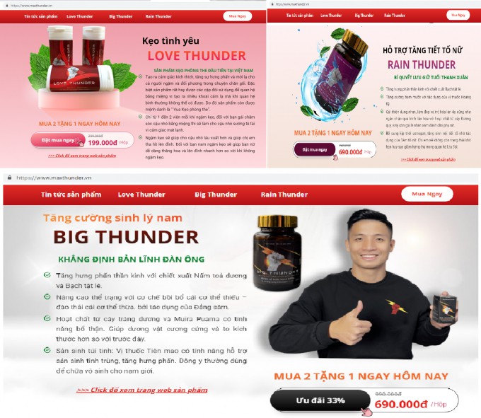 Website quảng cáo sản phẩm Love thunder, Rain thunder, Big thunder lừa dối người tiêu dùng