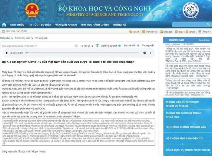 Bộ KH&CN đính chính thông tin 'kit test COVID-19 của Việt Á được WHO chấp thuận'