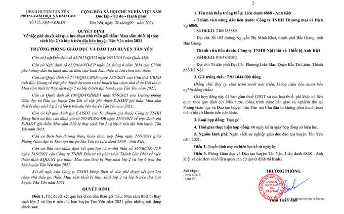 Phòng GD&ĐT huyện Tân Yên: Đội giá thiết bị trong gói thầu nhiều tỷ đồng