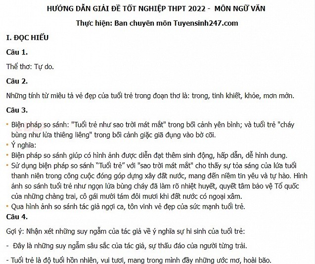 Gợi ý đáp án môn Ngữ Văn tốt nghiệp THPT 2022