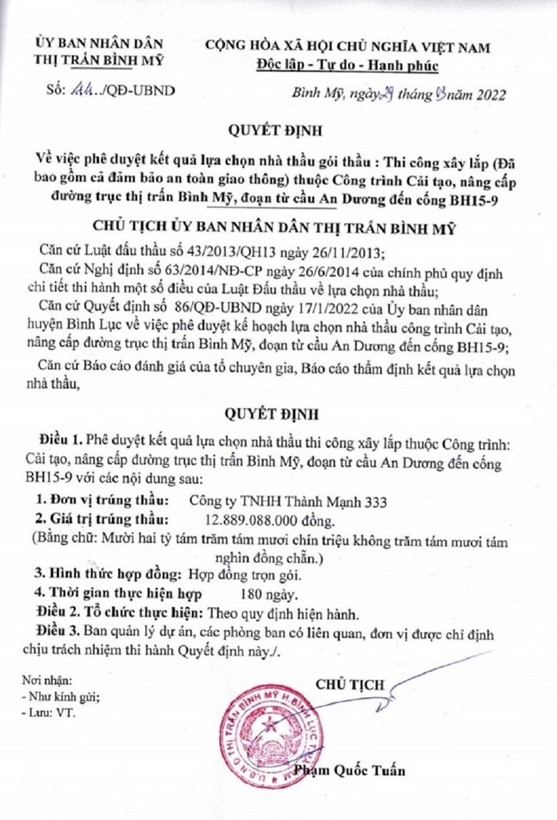 Hà Nam: Dấu hiệu sai phạm trong đấu thầu tại thị trấn Bình Mỹ?