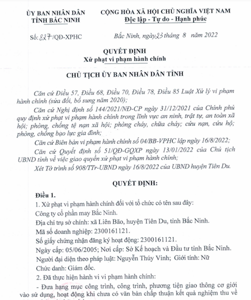 Công ty cổ phần may Bắc Ninh bất chấp pháp luật về phòng cháy chữa cháy