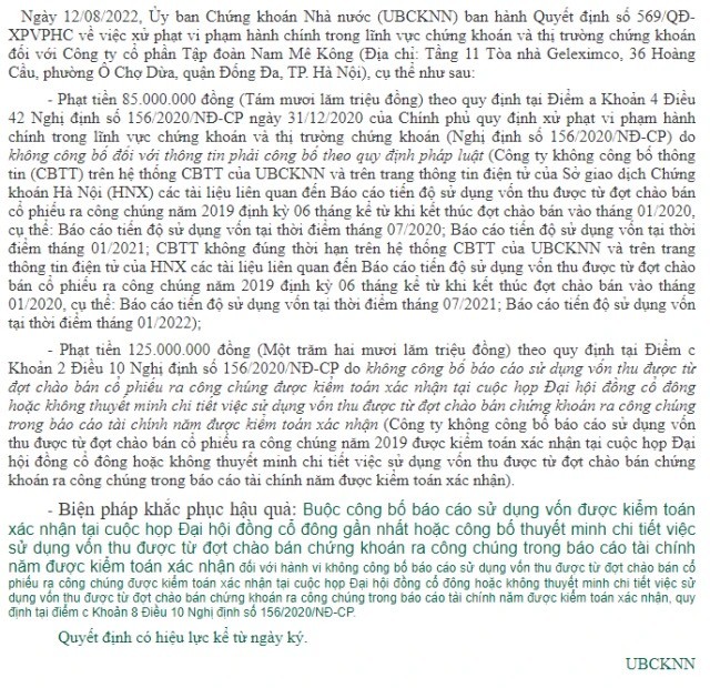 Tập đoàn Nam Mê Kông bị xử phạt 210 triệu đồng do không công bố tiến độ sử dụng vốn