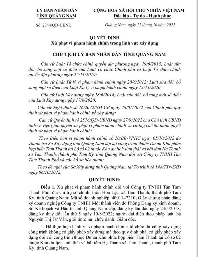 Quảng Nam: Xây dựng công trình không phép, Công ty TNHH Tân Tam Thanh Phố bị xử phạt