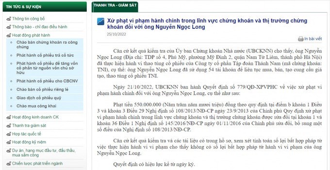 Một nhà đầu tư bị phạt 550 triệu đồng vì thao túng cổ phiếu TNI