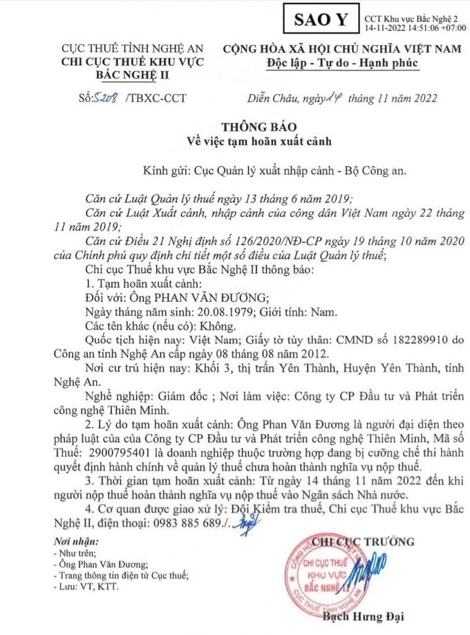 Nghệ An: Công ty XDTM Sông Tiền nợ thuế và bị cưỡng chế hóa đơn