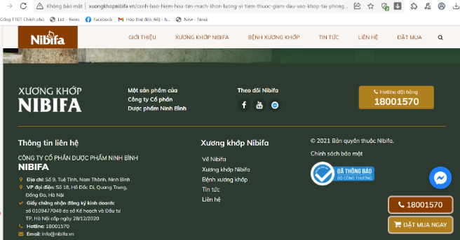 Website quảng cáo Xương khớp NIBIFA có dấu hiệu giả mạo logo Bộ Công Thương
