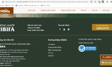 Website quảng cáo Xương khớp NIBIFA có dấu hiệu giả mạo logo Bộ Công Thương