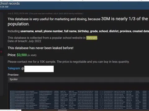 Rao bán dữ liệu 30 triệu học sinh, giáo viên Việt Nam với giá 3.500 USD