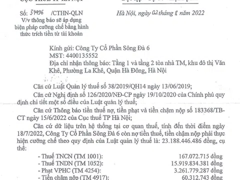 SD6 - thành viên họ Sông Đà bị cưỡng chế thuế hơn 23 tỷ đồng