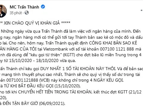 MC Trấn Thành công khai sao kê tài khoản giữa ồn ào từ thiện