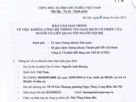 Phó tổng giám đốc công ty CP bất động sản Thế Kỷ “bán chui” 19.900 cổ phiếu CRE