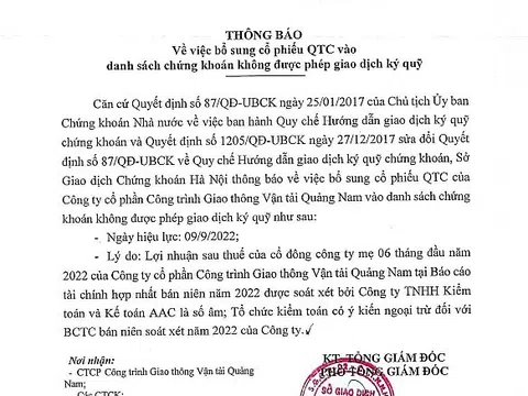 Cổ phiếu Công ty CP Công trình GTVT Quảng Nam vào diện không được ký quỹ