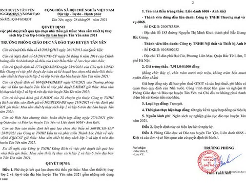 Phòng GD&ĐT huyện Tân Yên: Đội giá thiết bị trong gói thầu nhiều tỷ đồng