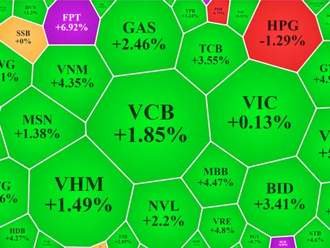 Rực rỡ, VN-Index tăng 35 điểm, gần 50 mã kịch trần