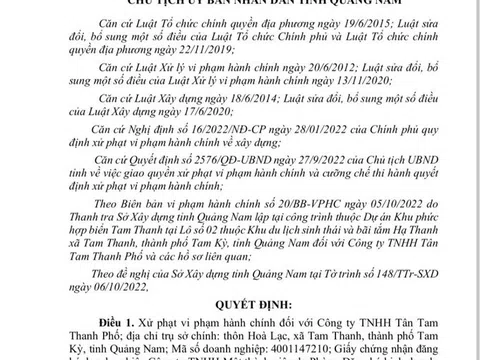 Quảng Nam: Xây dựng công trình không phép, Công ty TNHH Tân Tam Thanh Phố bị xử phạt