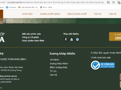 Website quảng cáo Xương khớp NIBIFA có dấu hiệu giả mạo logo Bộ Công Thương